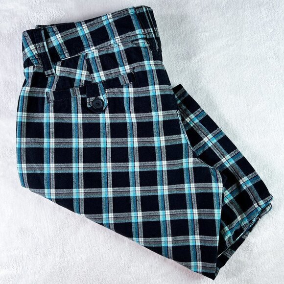 Lilu Bermuda Shorts | Black, Teal & White Plaid | Size 5 | Cotton | Y2K | Women - Picture 4 of 13
